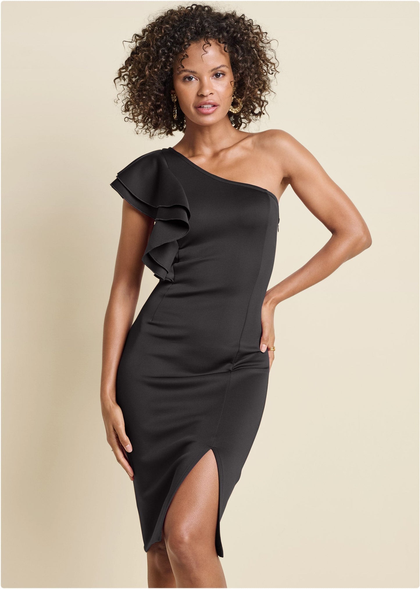 One-Shoulder Ruffle Dress - Black | Venus Sale