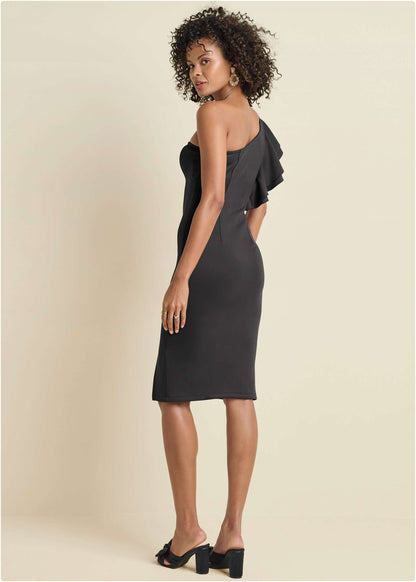 One-Shoulder Ruffle Dress - Black | Venus Sale
