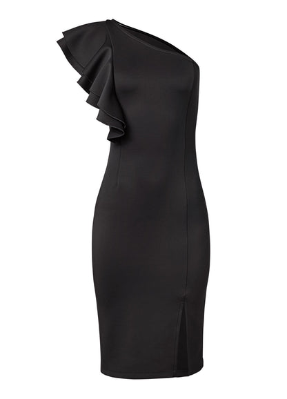 One-Shoulder Ruffle Dress - Black | Venus Sale
