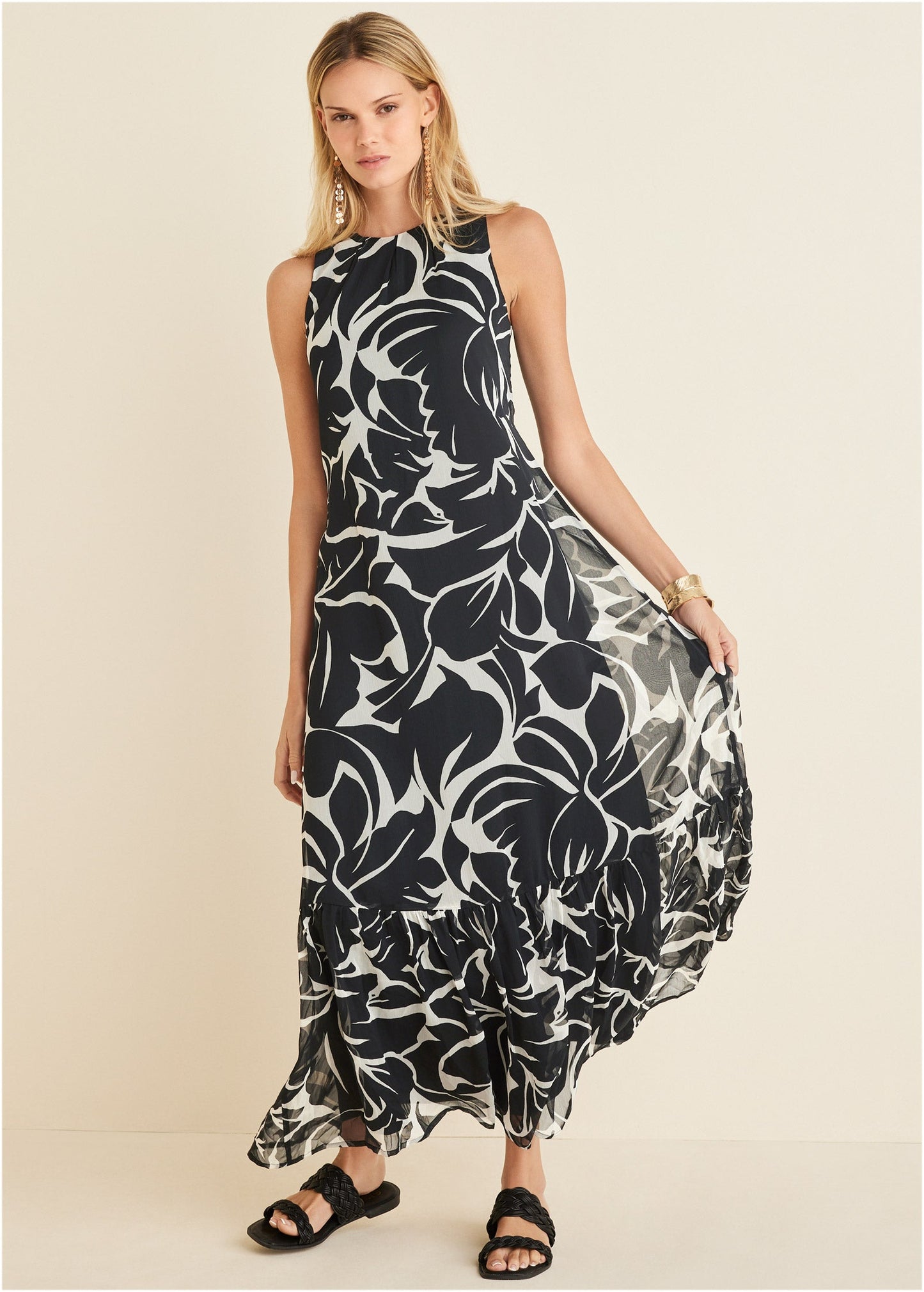 Ruffle Hem Maxi Dress - Woodcut Botanical | Venus Customer Favorite