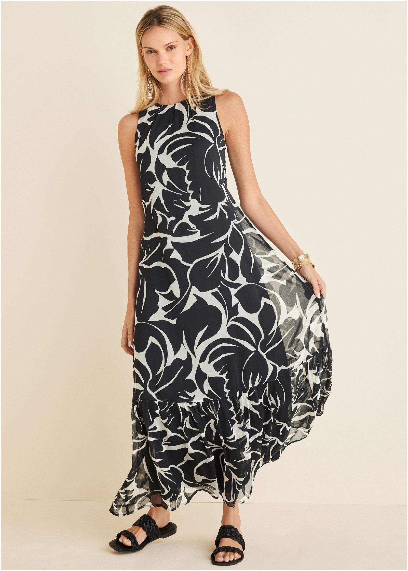Ruffle Hem Maxi Dress - Woodcut Botanical | Venus Customer Favorite