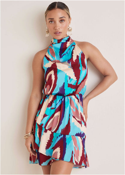 Printed Halter Mini Dress - Ikat Flowers | Venus Sale