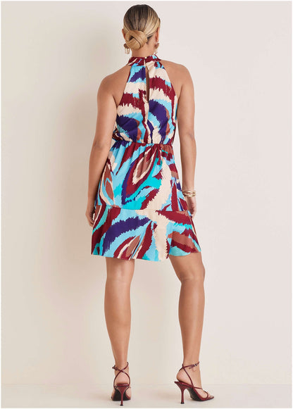 Printed Halter Mini Dress - Ikat Flowers | Venus Sale