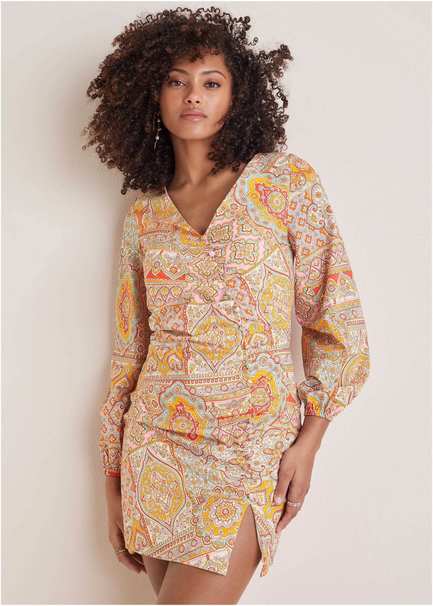 Balloon Sleeve Mini Dress - Medallion Golden Patchwork | Venus Cost Saving