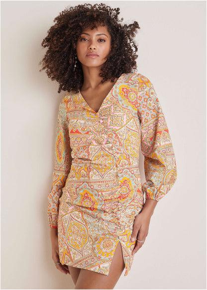 Balloon Sleeve Mini Dress - Medallion Golden Patchwork | Venus Cost Saving