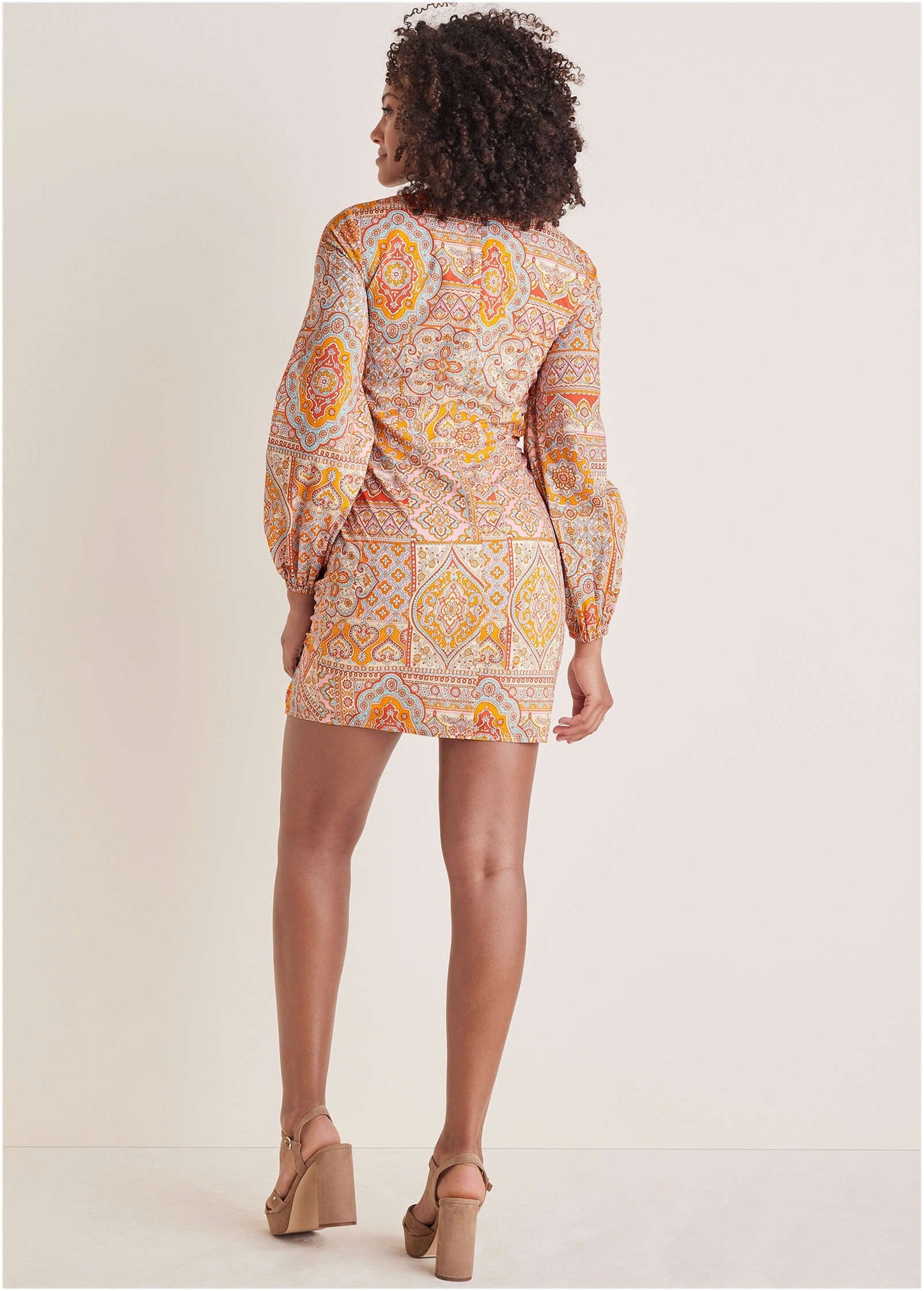 Balloon Sleeve Mini Dress - Medallion Golden Patchwork | Venus Cost Saving