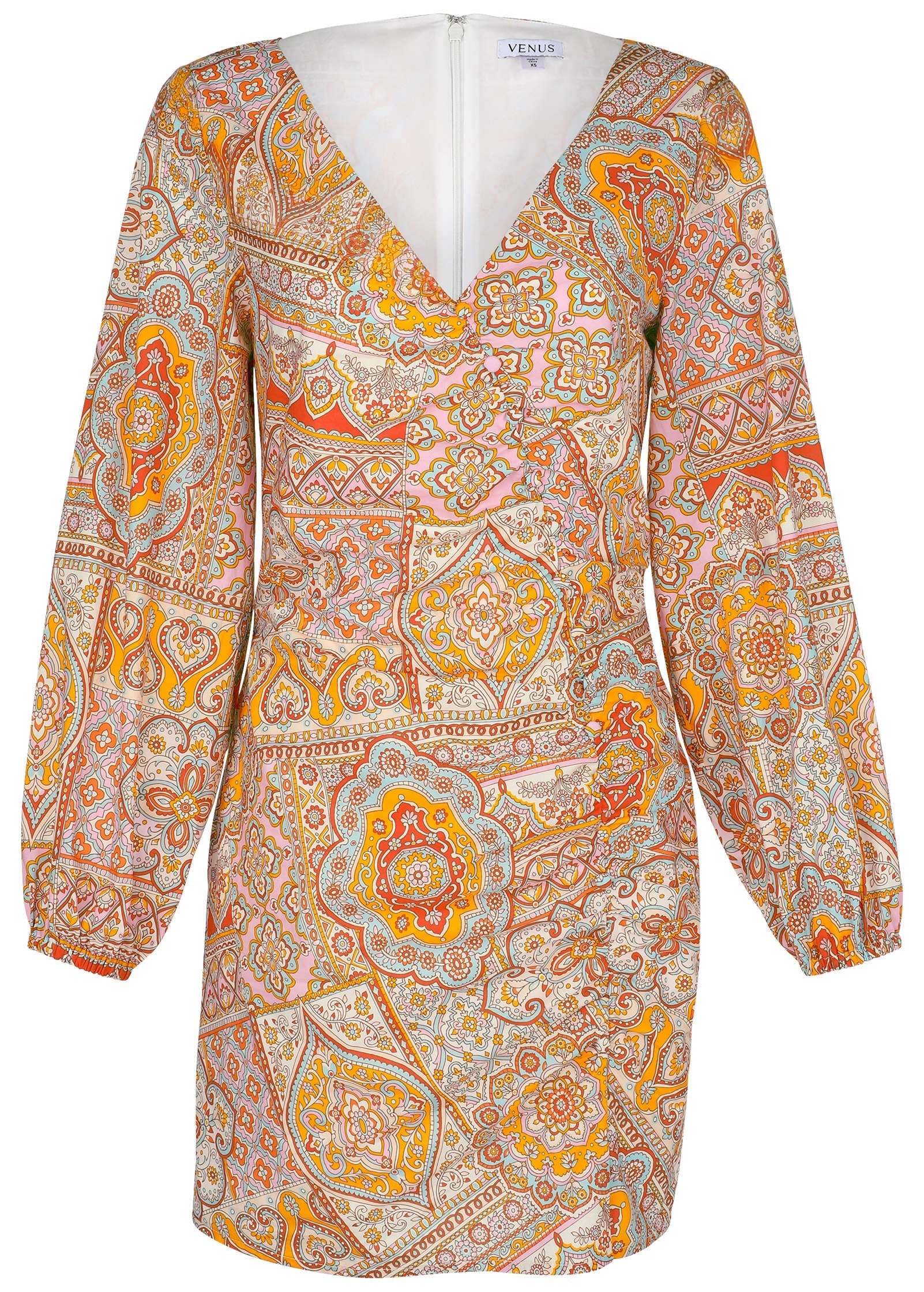 Balloon Sleeve Mini Dress - Medallion Golden Patchwork | Venus Cost Saving