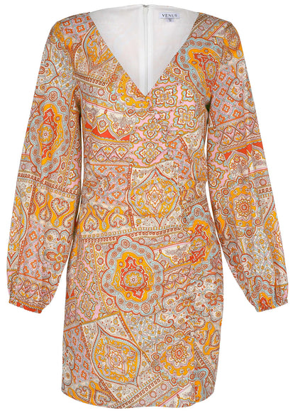 Balloon Sleeve Mini Dress - Medallion Golden Patchwork | Venus Cost Saving