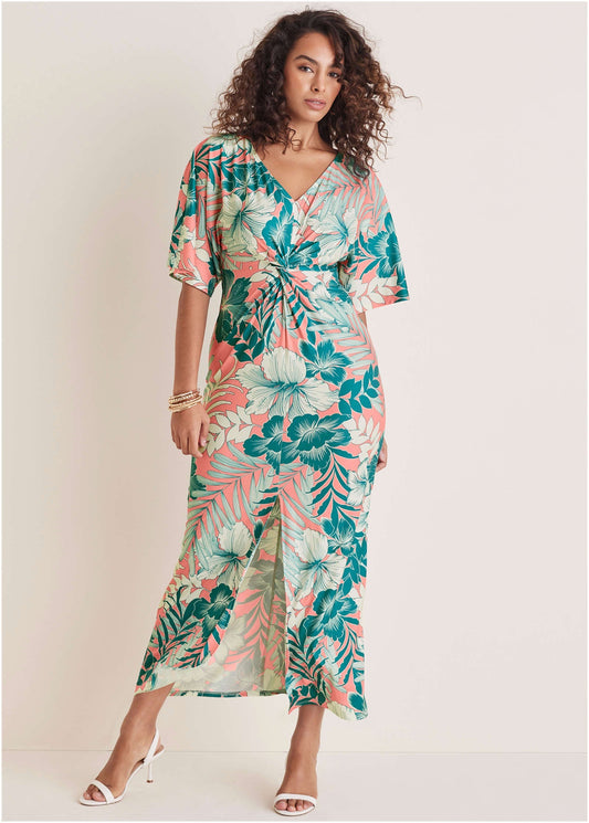 Twist Front Maxi Dress - Tropicana Peach Floral | Venus Great Deal