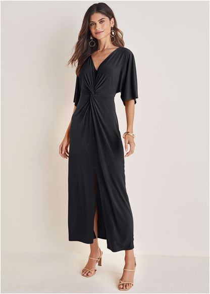 Twist Front Maxi Dress - Jet Black | Venus Affordable