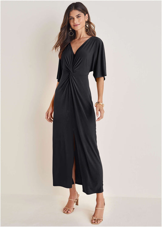 Twist Front Maxi Dress - Jet Black | Venus Affordable