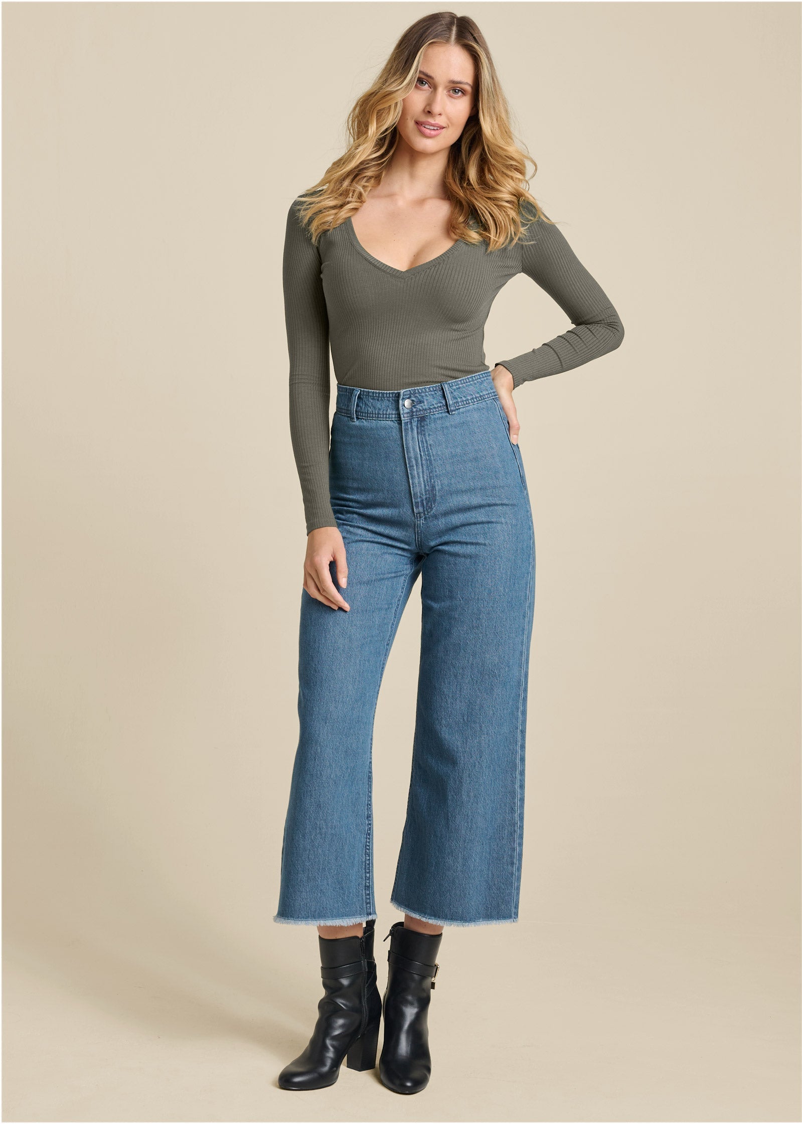 Ribbed Long Sleeve V-Neck - Olive | Venus Special Offer