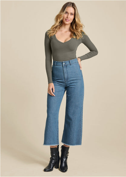 Ribbed Long Sleeve V-Neck - Olive | Venus Special Offer