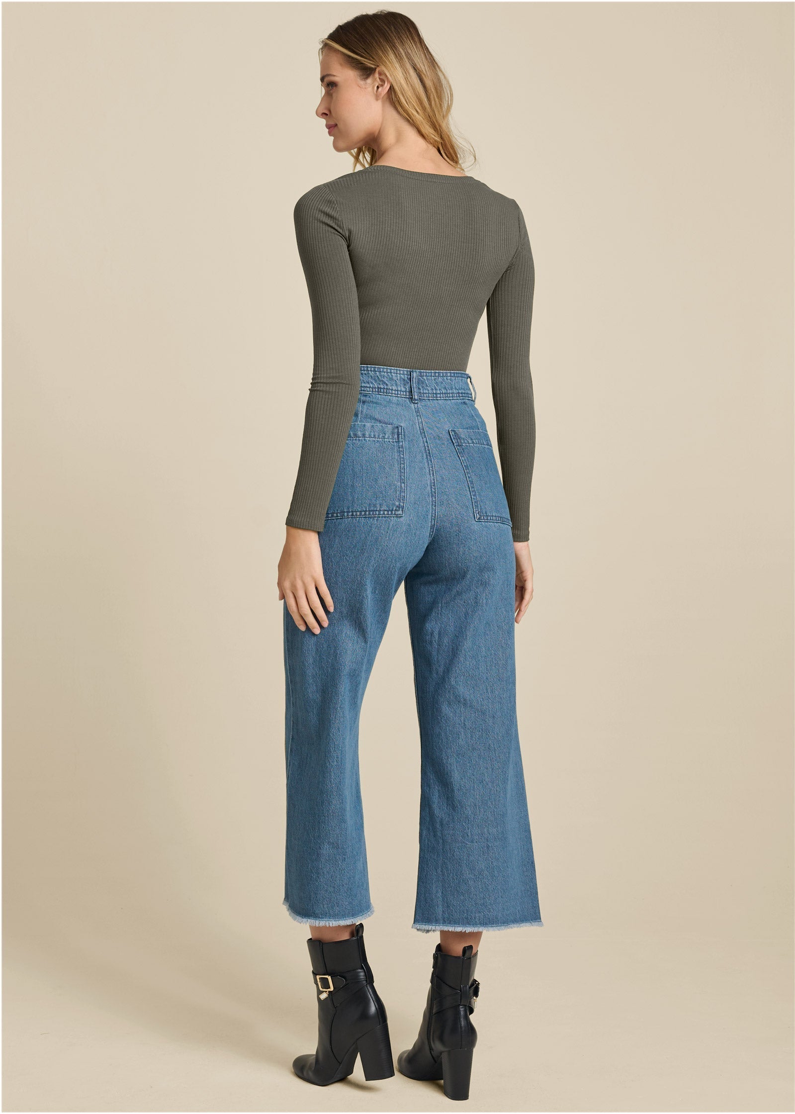 Ribbed Long Sleeve V-Neck - Olive | Venus Special Offer