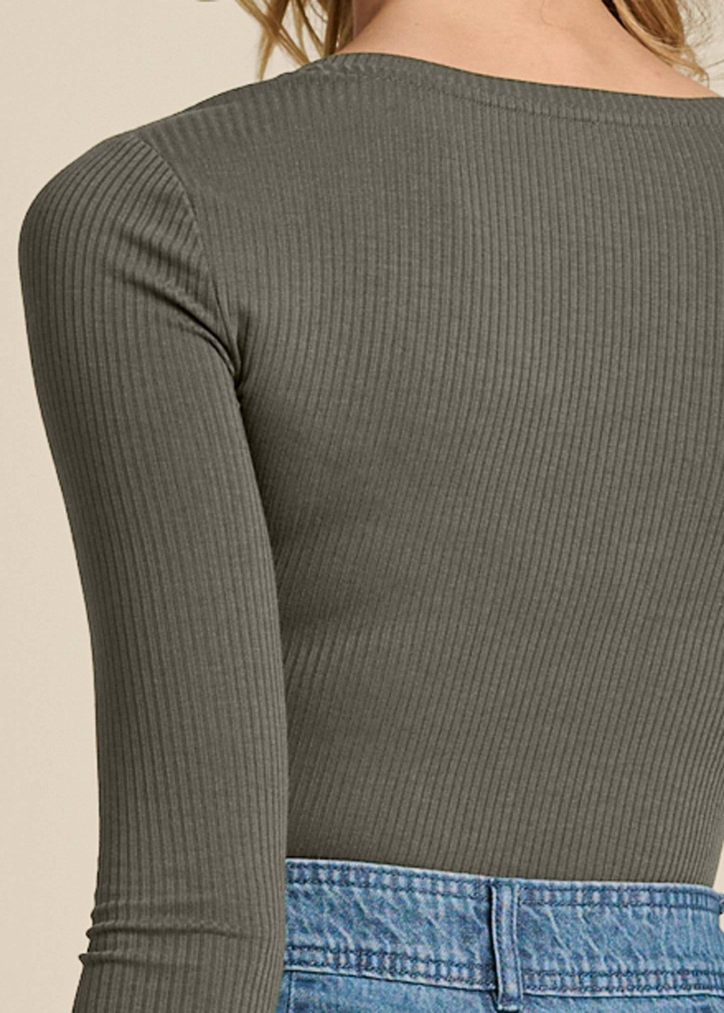 Ribbed Long Sleeve V-Neck - Olive | Venus Special Offer
