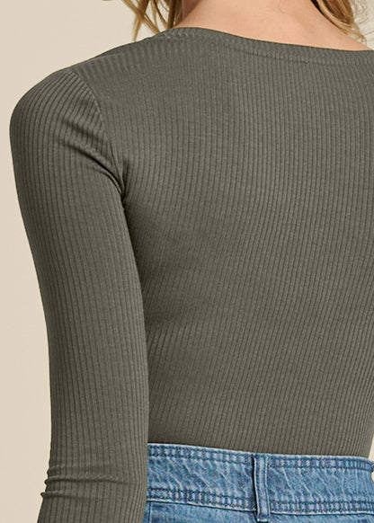 Ribbed Long Sleeve V-Neck - Olive | Venus Special Offer