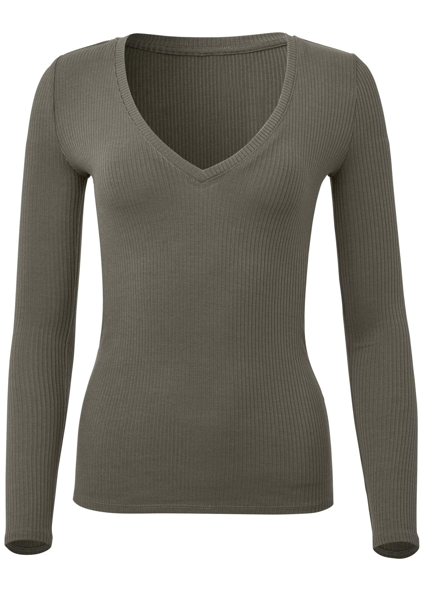 Ribbed Long Sleeve V-Neck - Olive | Venus Special Offer