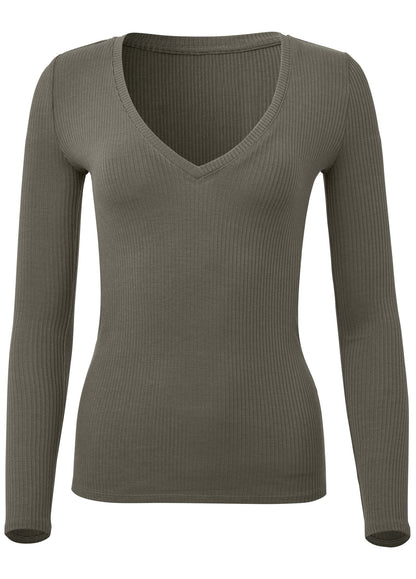 Ribbed Long Sleeve V-Neck - Olive | Venus Special Offer