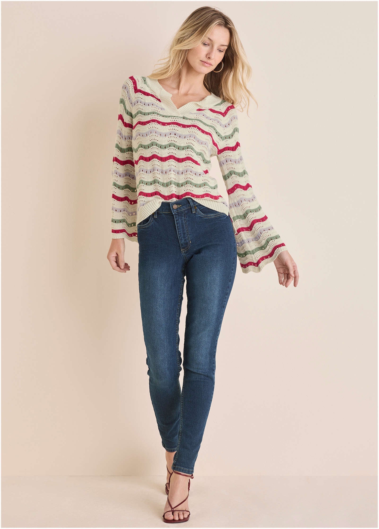 Stripe Pointelle Sweater - Grey Multi | Venus Popular Choice