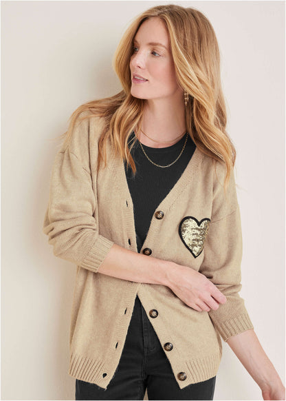 Sequin Heart Cardigan - Oatmeal Multi | Venus Limited Edition