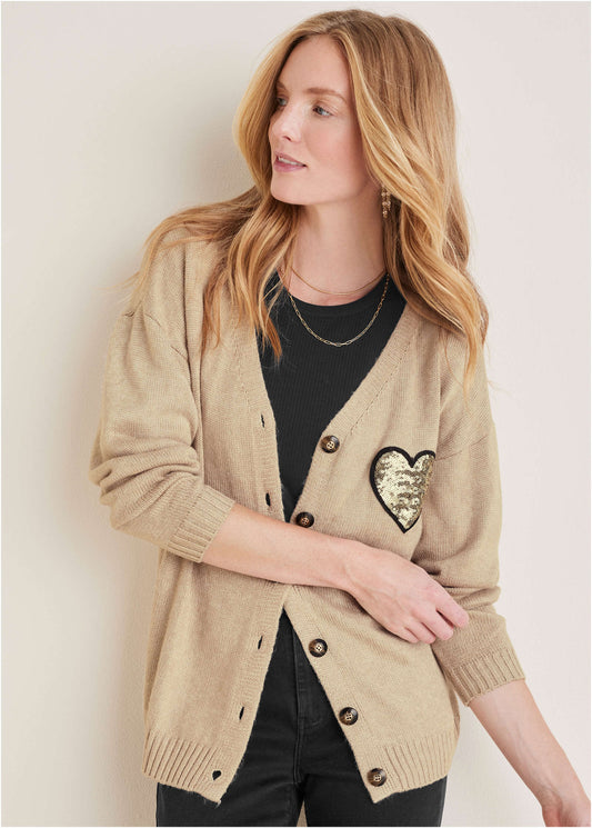 Sequin Heart Cardigan - Oatmeal Multi | Venus Limited Edition
