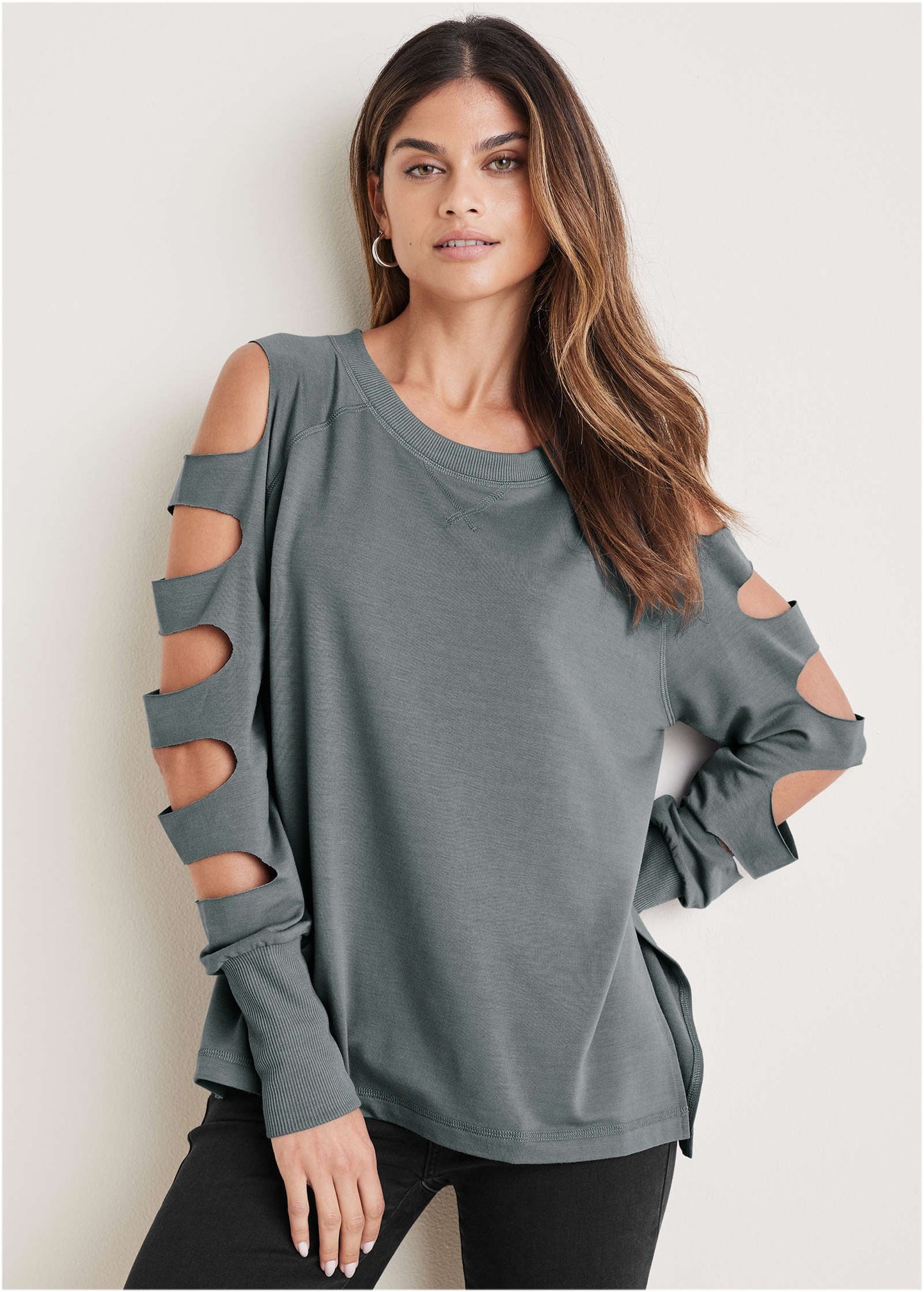 Cutout Sleeve Sweatshirt - Seafog | Venus Value