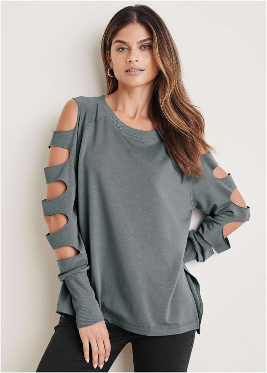Cutout Sleeve Sweatshirt - Seafog | Venus Value