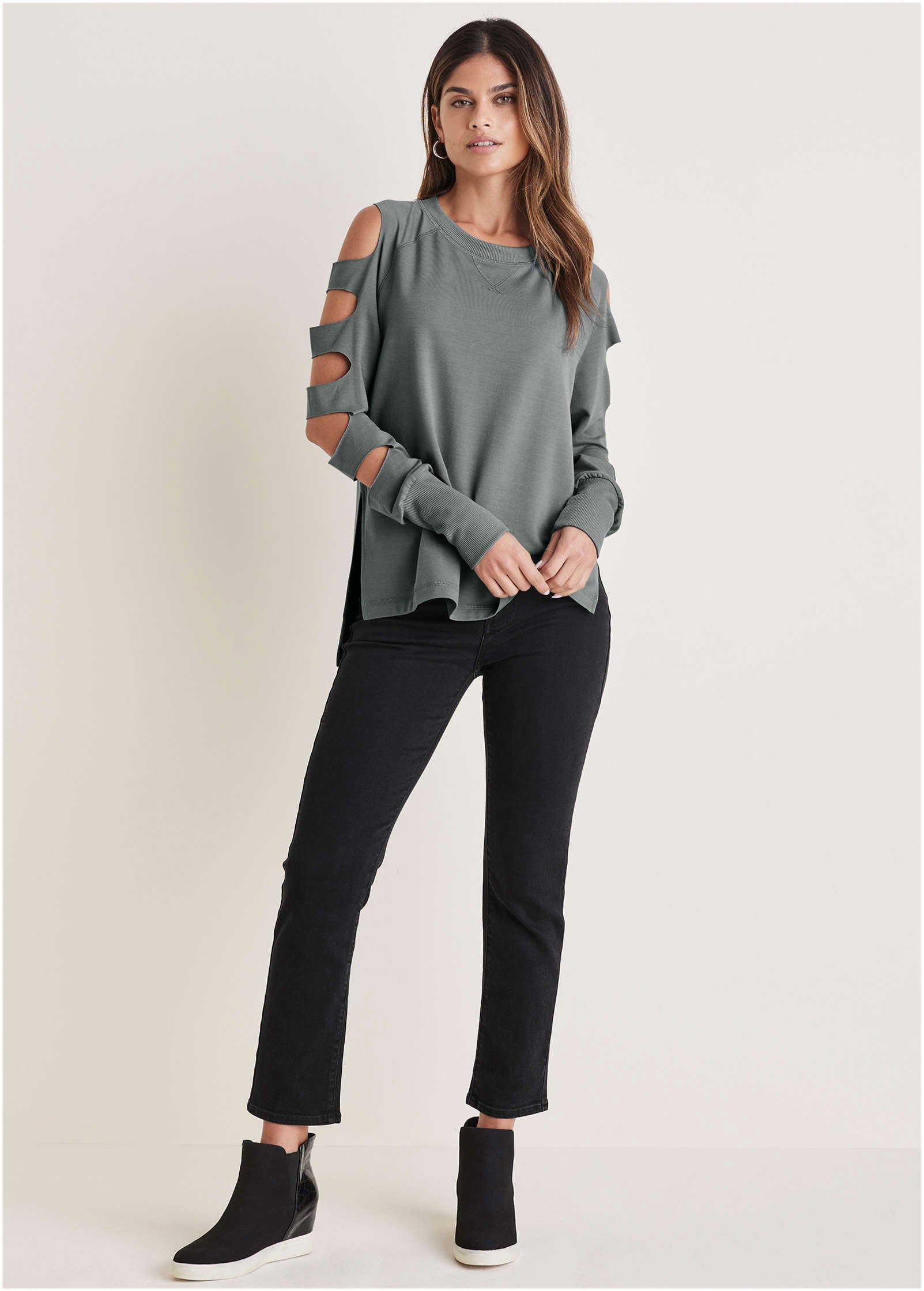 Cutout Sleeve Sweatshirt - Seafog | Venus Value