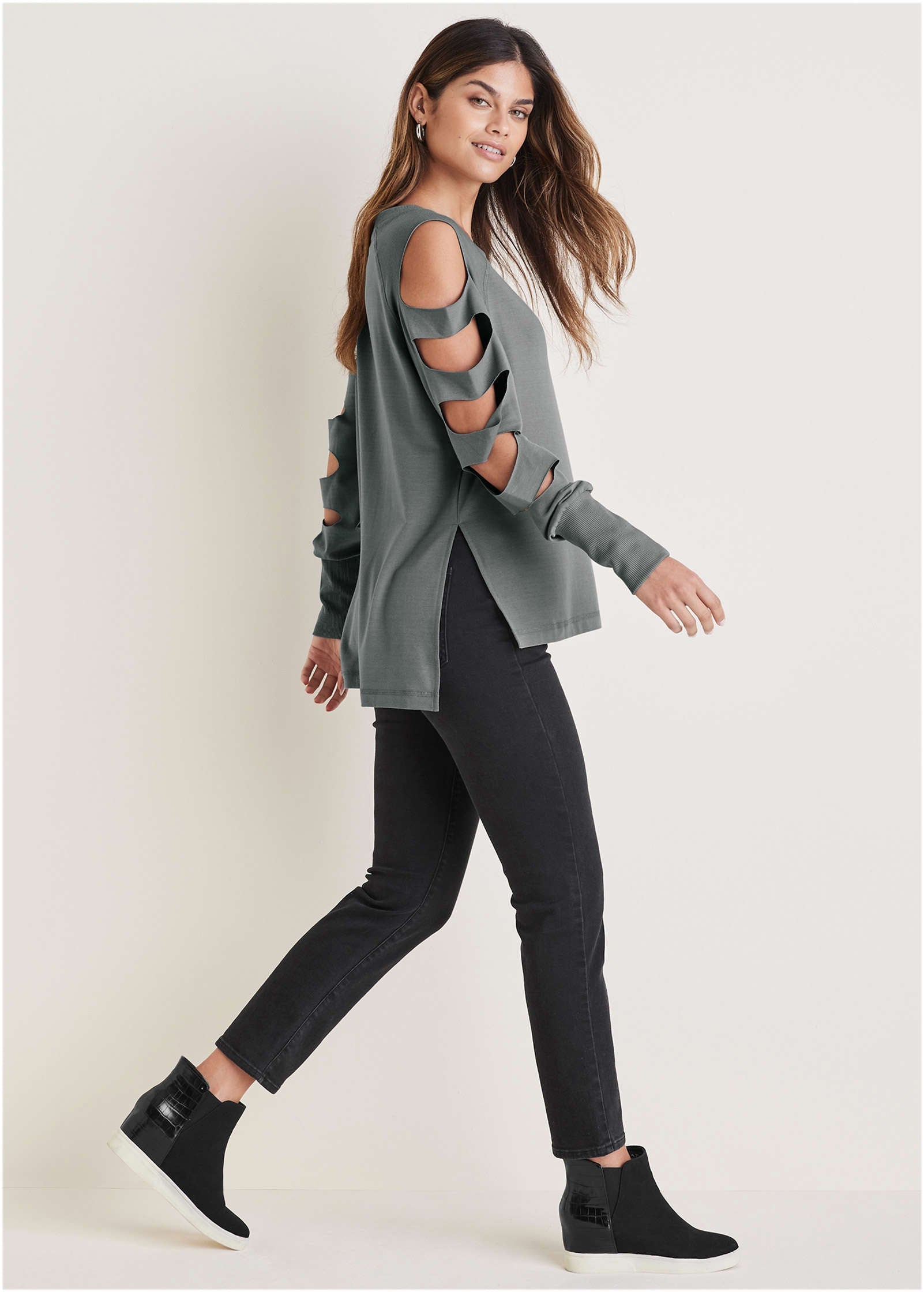 Cutout Sleeve Sweatshirt - Seafog | Venus Value