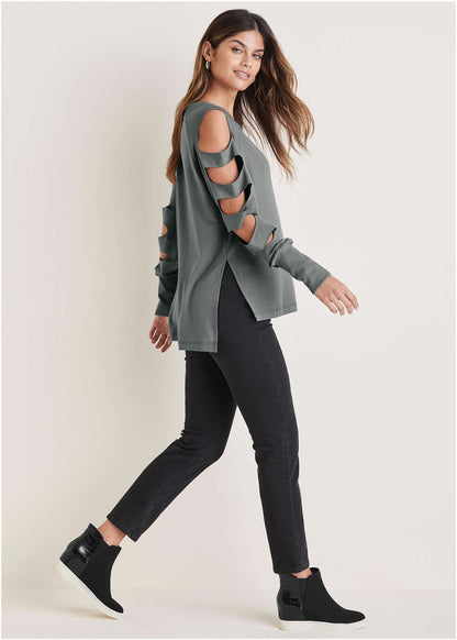 Cutout Sleeve Sweatshirt - Seafog | Venus Value