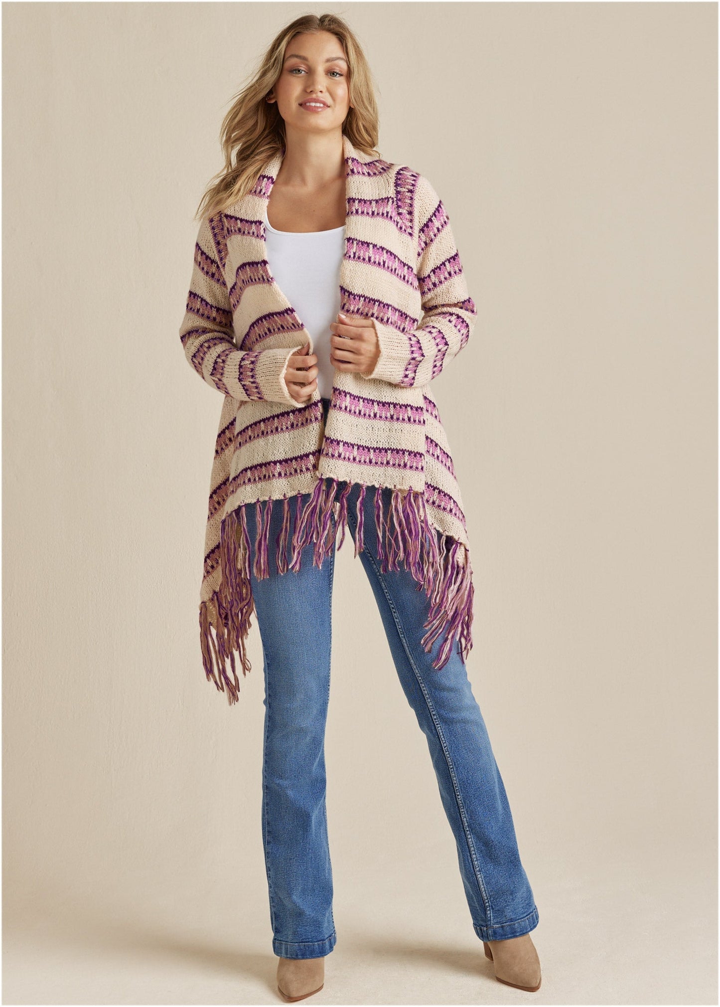 Stripe Fringe Cardigan - Beige Multi | Venus Popular Choice