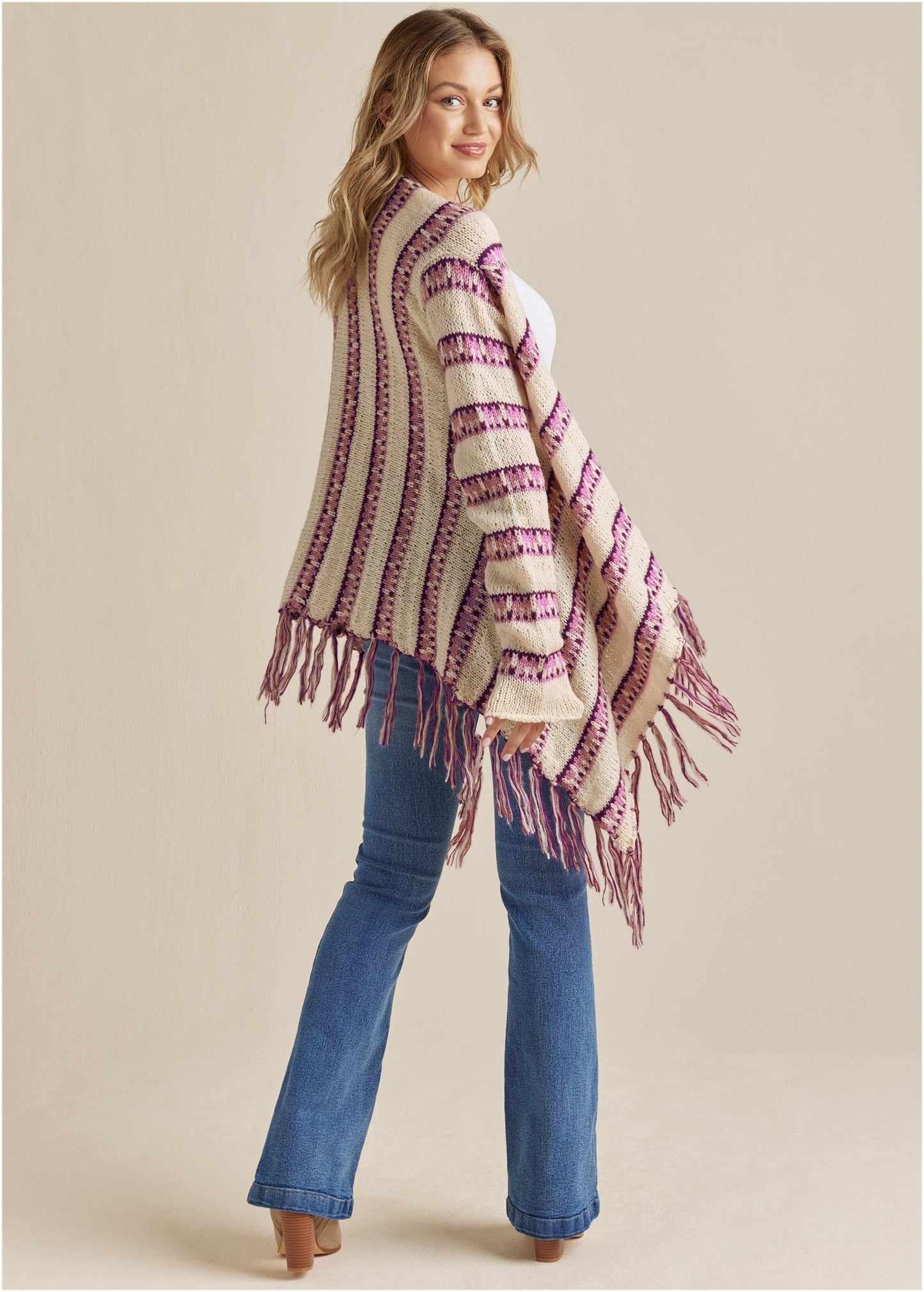Stripe Fringe Cardigan - Beige Multi | Venus Popular Choice