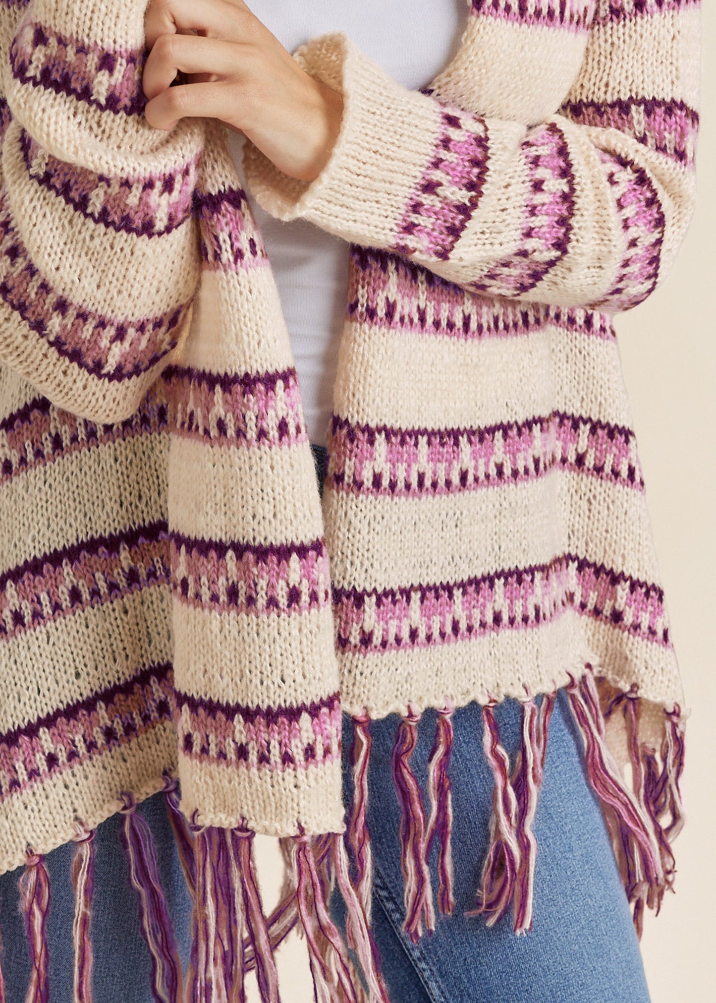 Stripe Fringe Cardigan - Beige Multi | Venus Popular Choice
