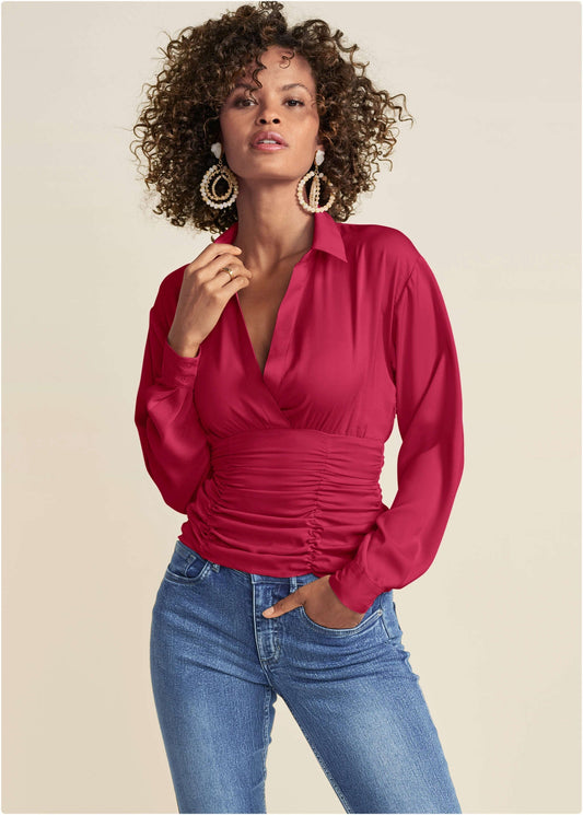 Ruched V Neck Top Blouse in Granita • Fashion | Venus Customer Favorite