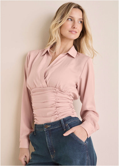 Mauve Ruched V-Neck Blouse • VENUS | Venus Limited Edition
