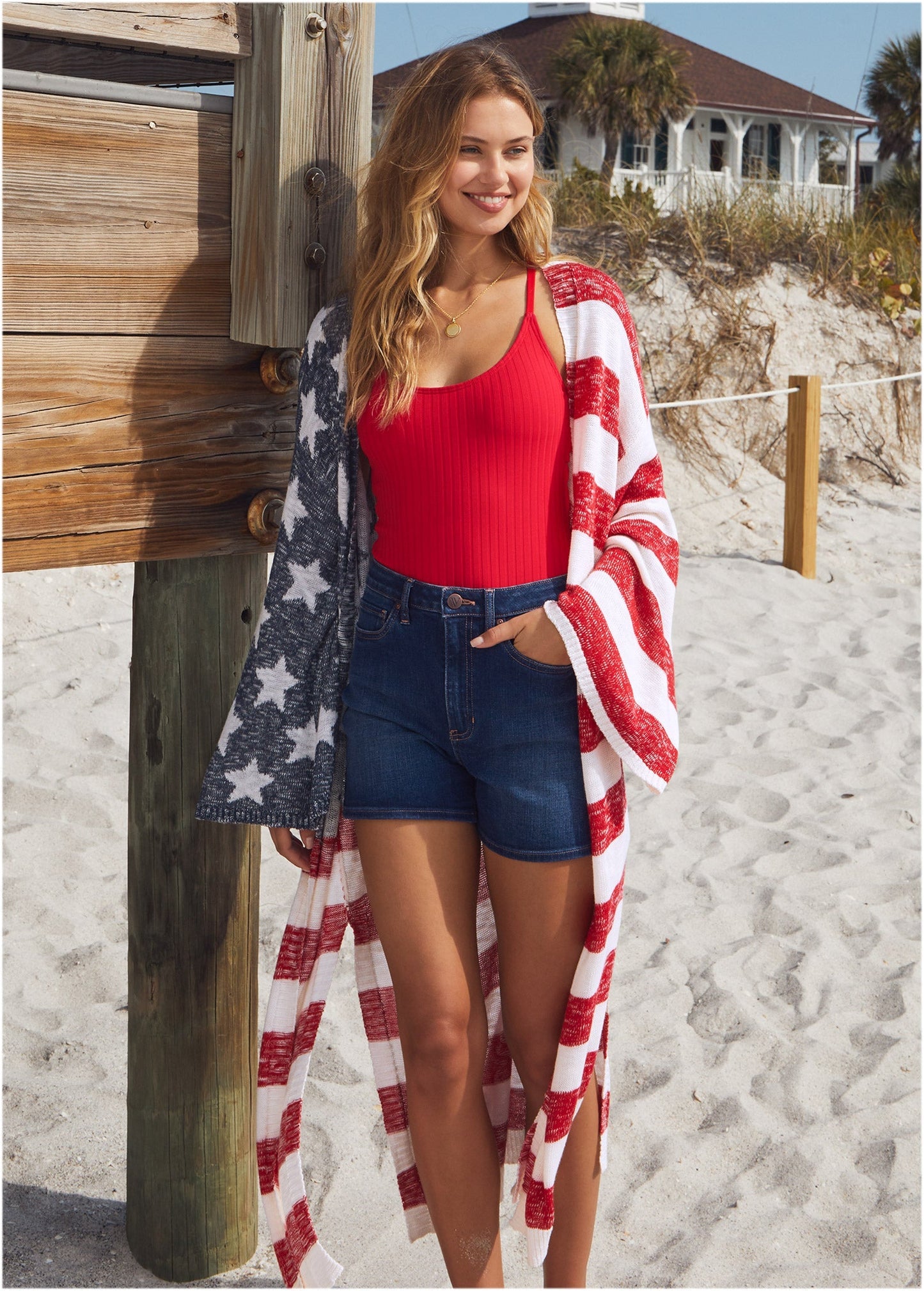 Cotton Americana Cardigan - Racing Red Multi | Venus Cost Saving