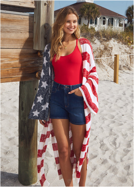 Cotton Americana Cardigan - Racing Red Multi | Venus Cost Saving