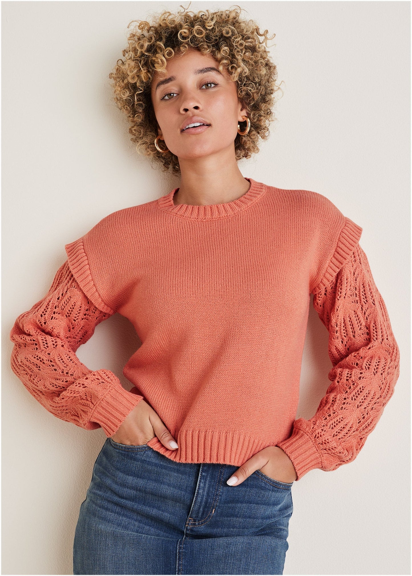 Pointelle Sleeve Crew Neck - Burnt Coral | Venus Affordable