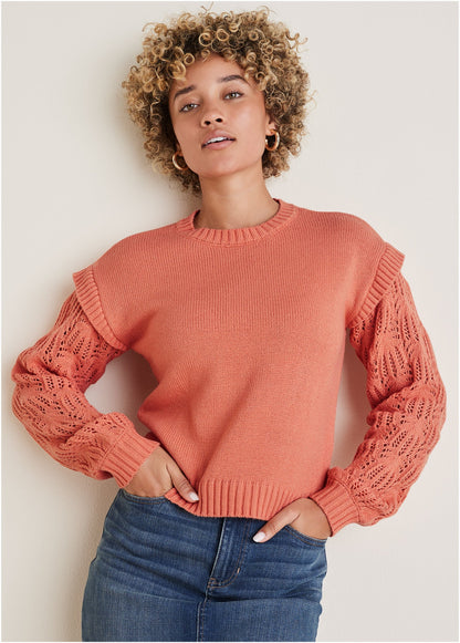 Pointelle Sleeve Crew Neck - Burnt Coral | Venus Affordable