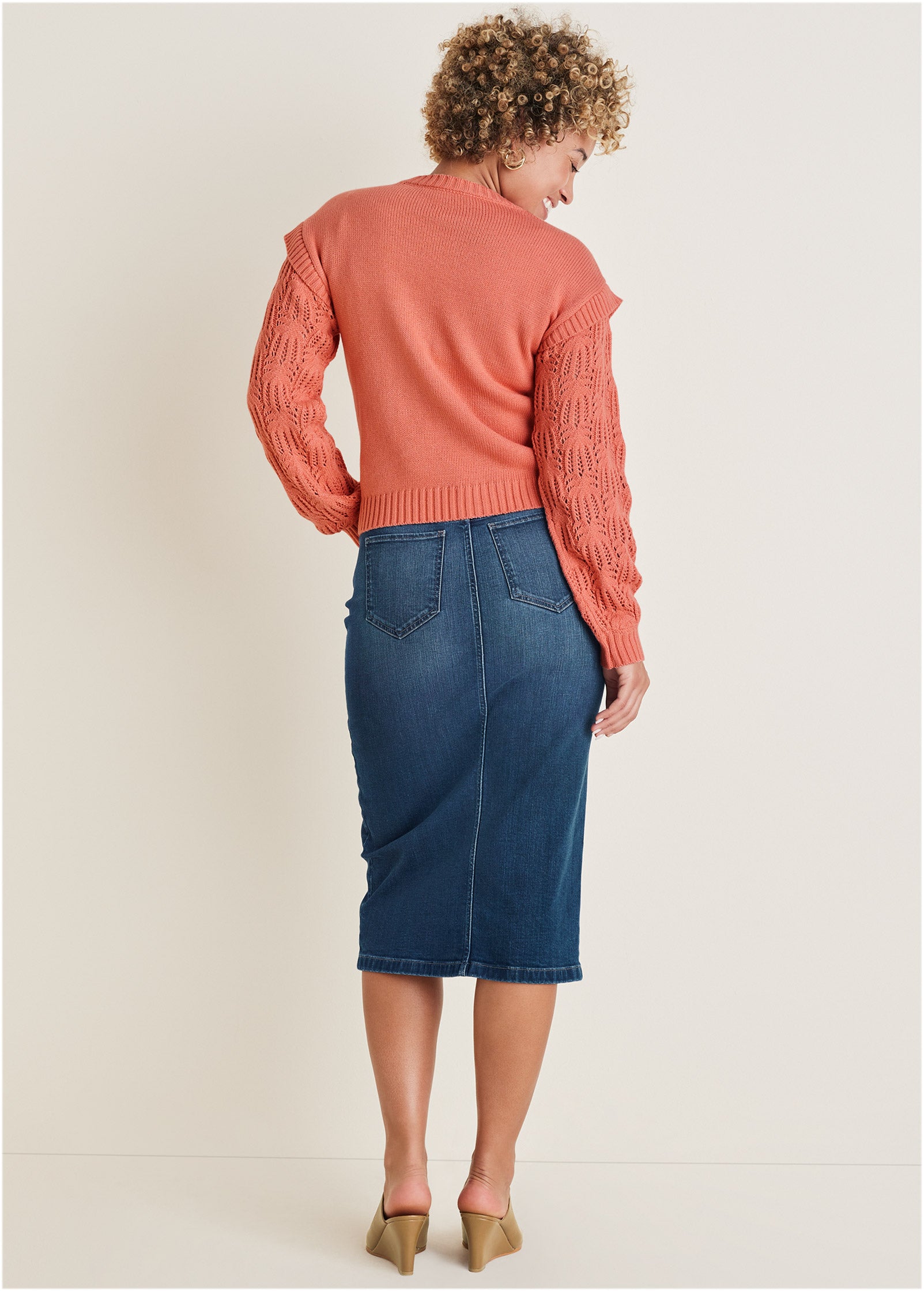 Pointelle Sleeve Crew Neck - Burnt Coral | Venus Affordable