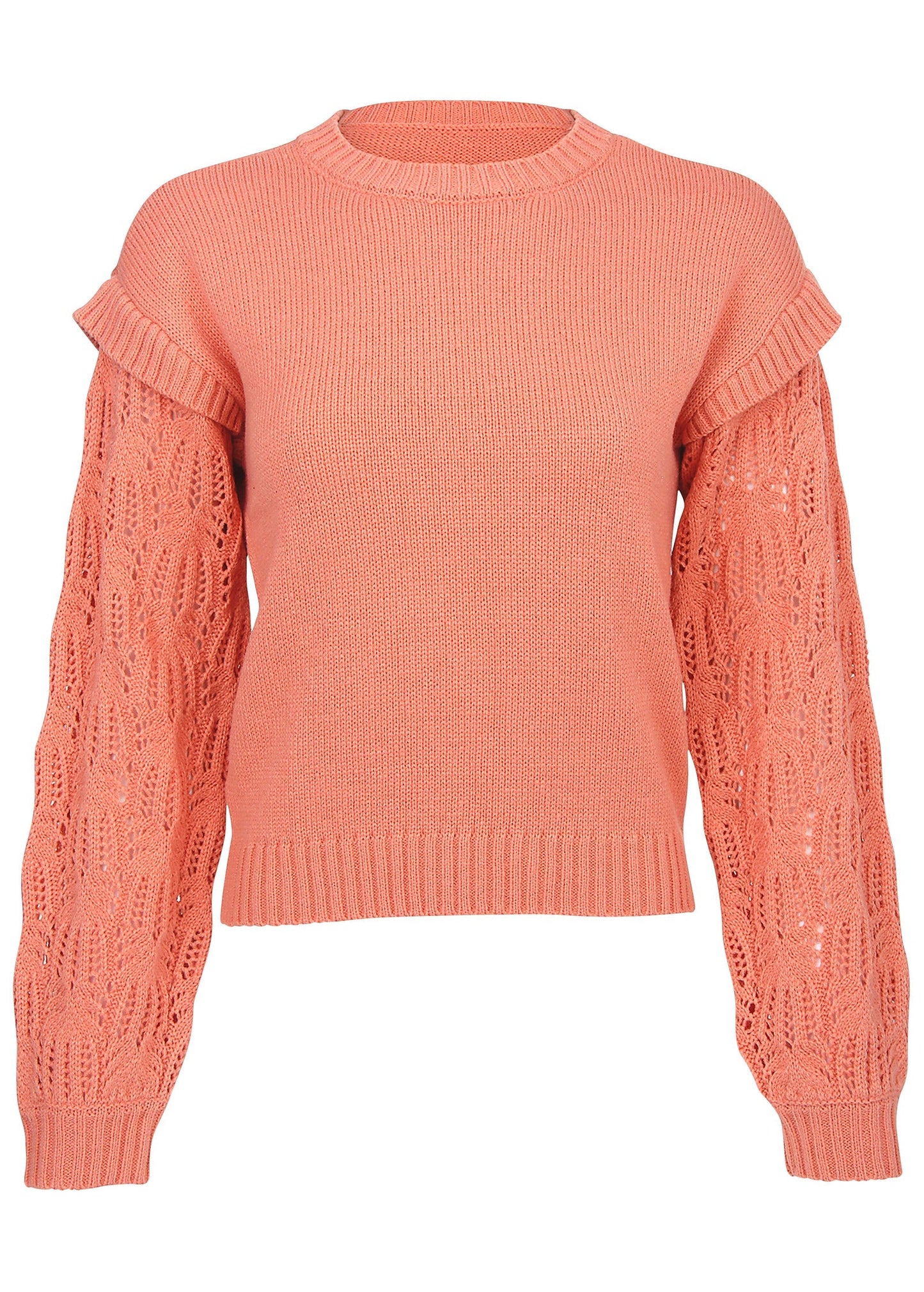 Pointelle Sleeve Crew Neck - Burnt Coral | Venus Affordable