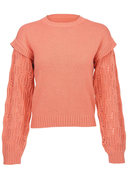 Pointelle Sleeve Crew Neck - Burnt Coral | Venus Affordable