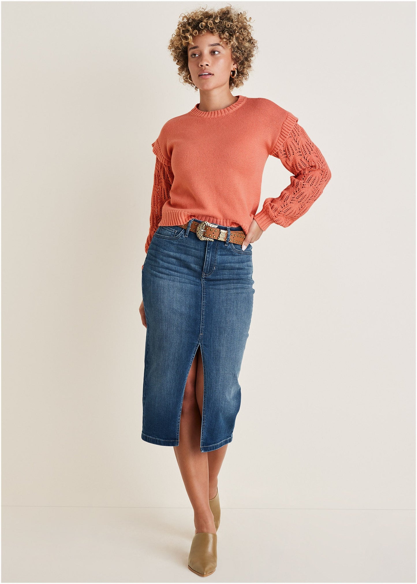 Pointelle Sleeve Crew Neck - Burnt Coral | Venus Affordable