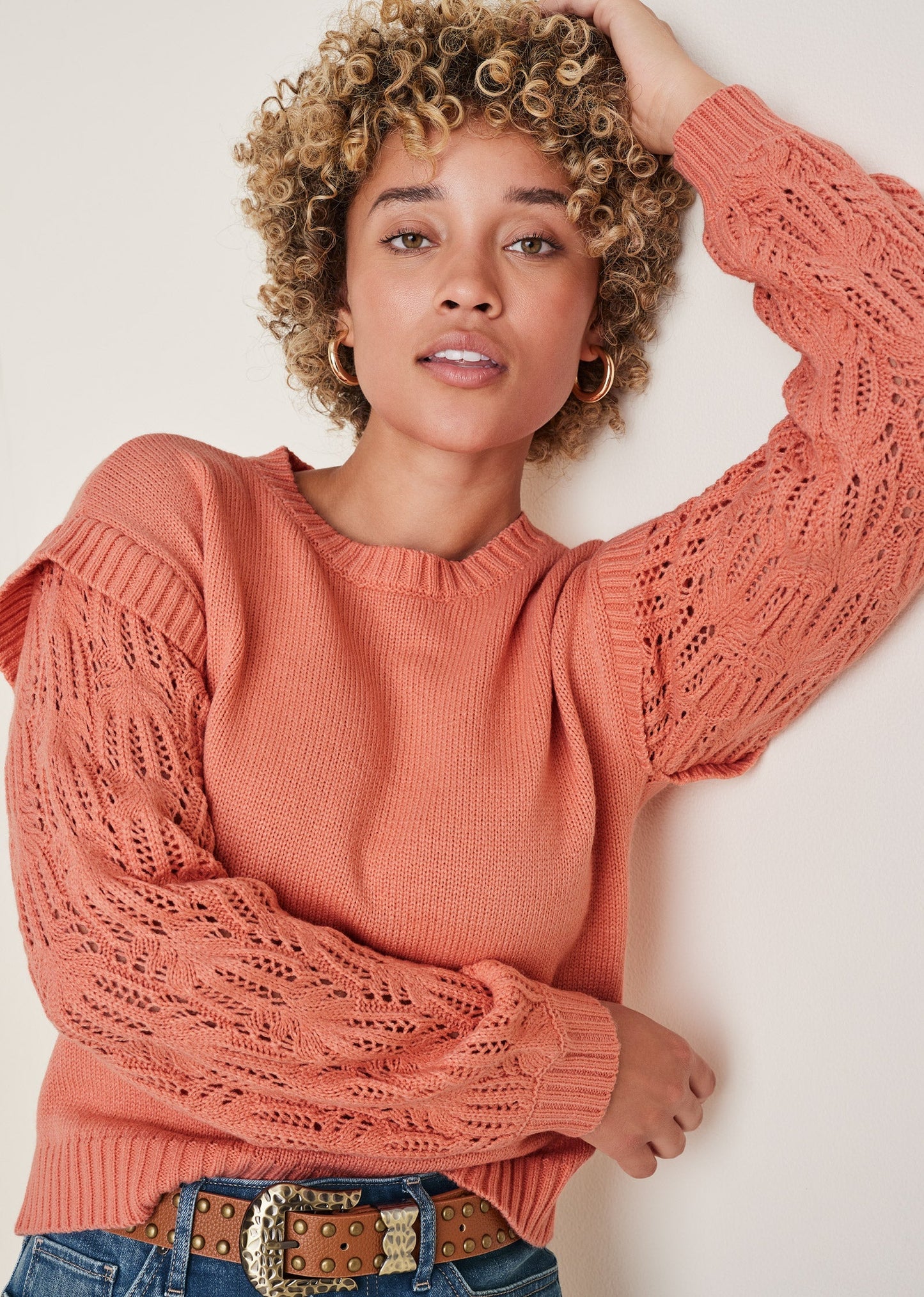 Pointelle Sleeve Crew Neck - Burnt Coral | Venus Affordable