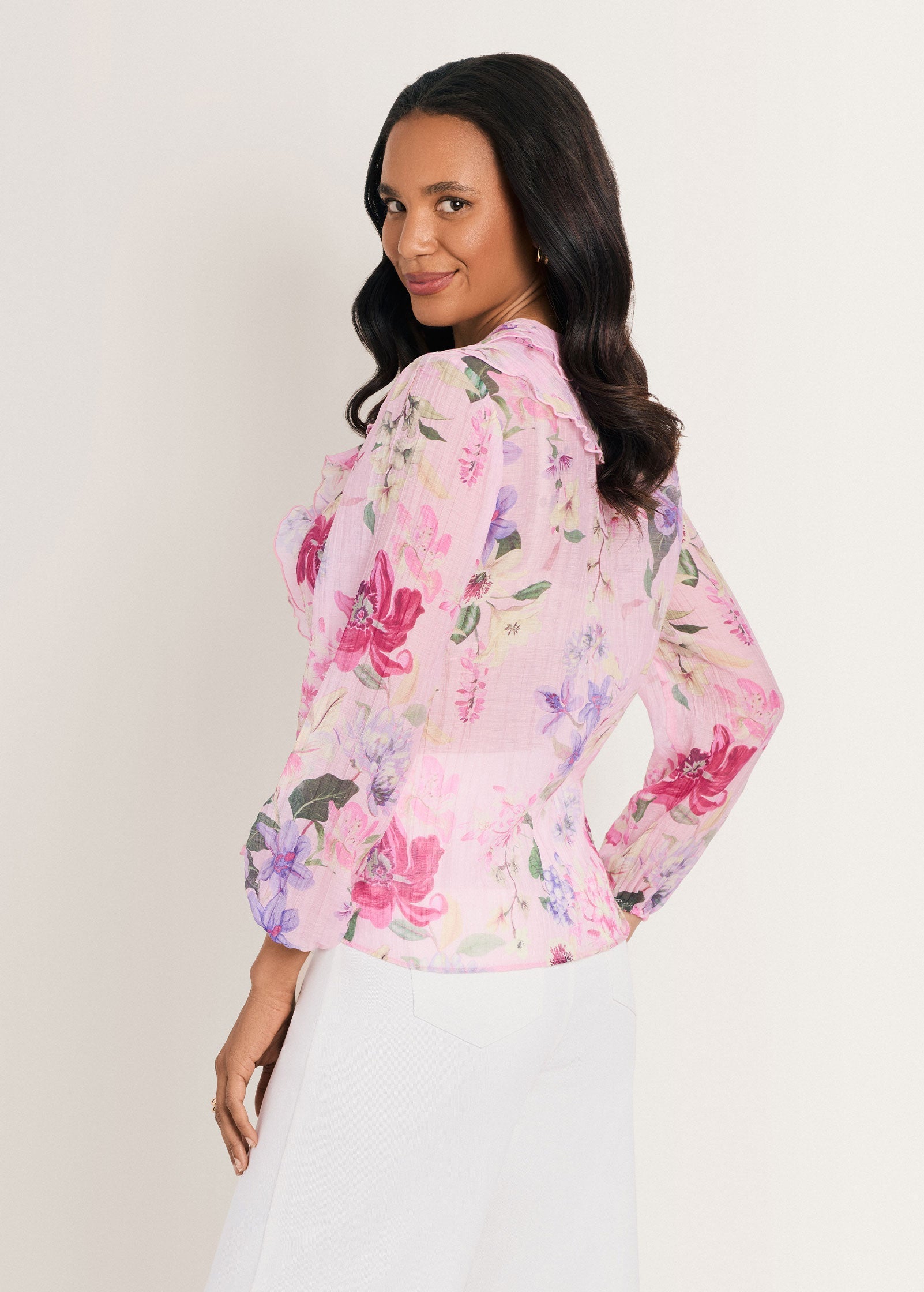 Long Sleeve Ruffle Blouse Soft Floral | Venus Limited Edition