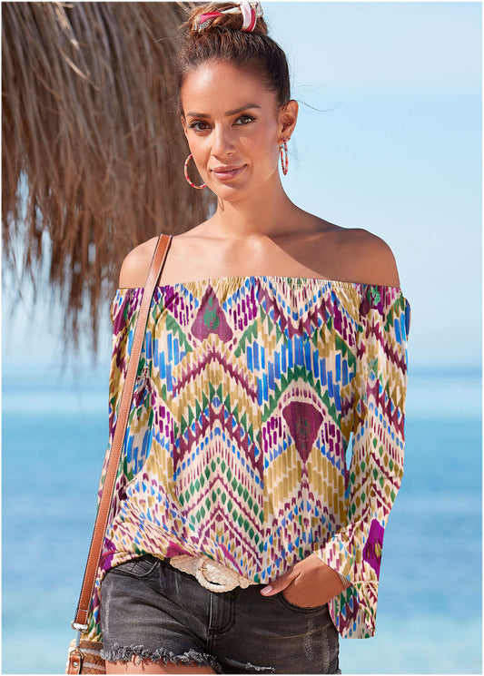 Bell Sleeve Printed Top - White Multi | Venus Sale