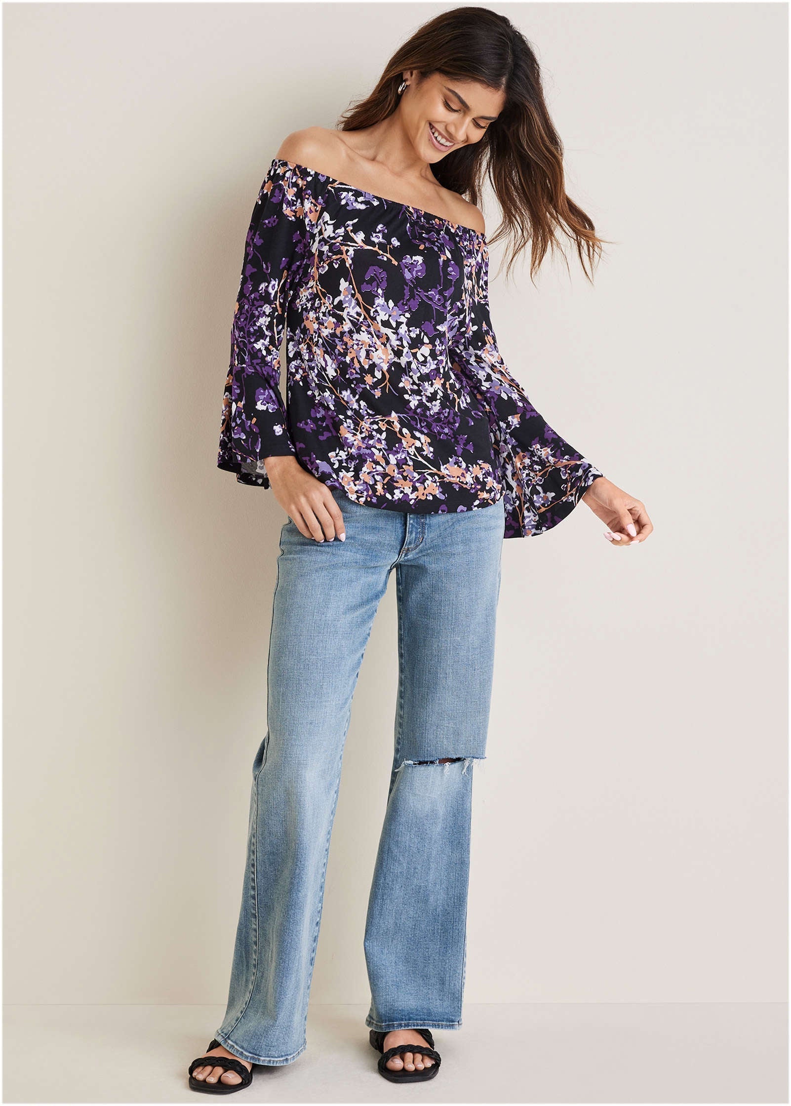 Bell Sleeve Printed Top - Purple Multi | Venus Value