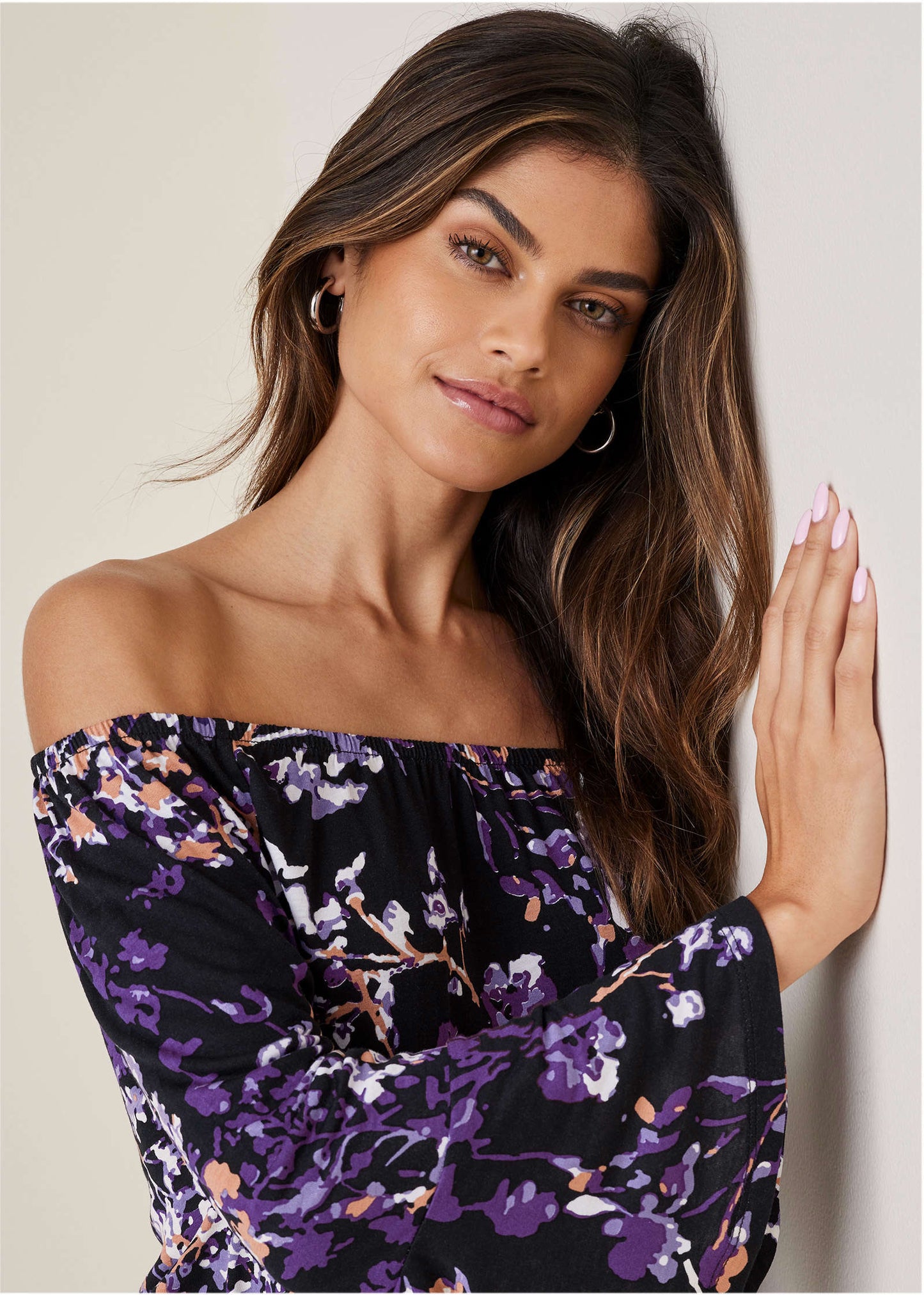 Bell Sleeve Printed Top - Purple Multi | Venus Value
