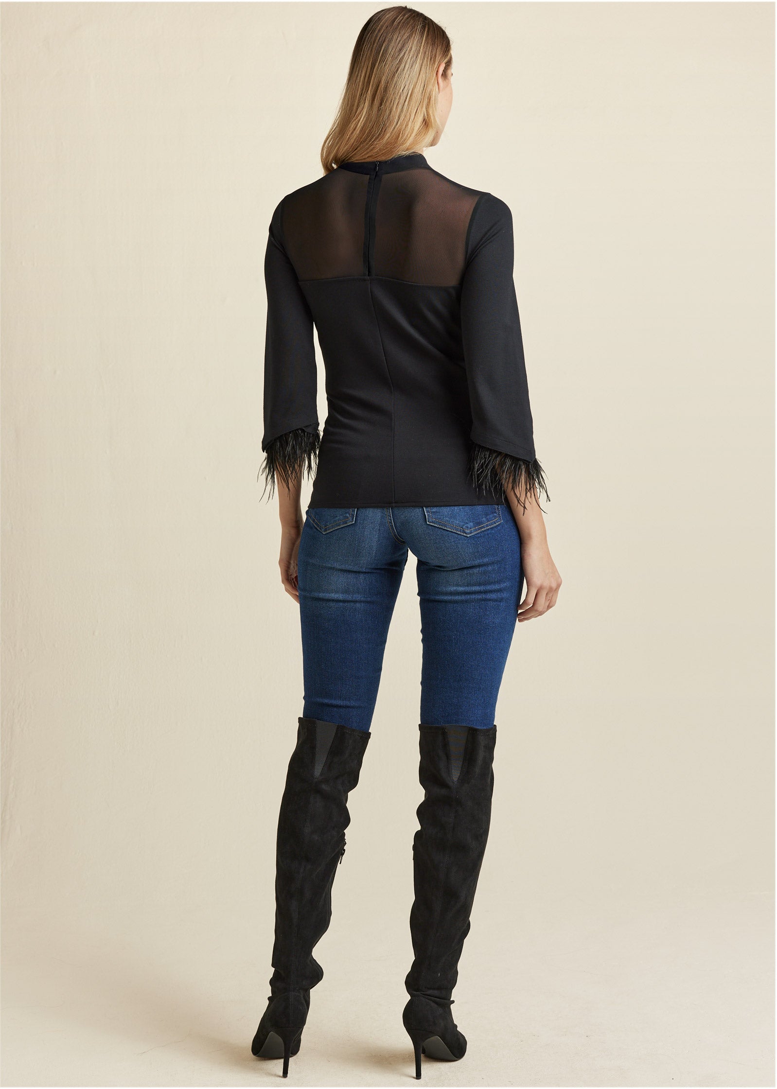 Feather Cuff Mock Neck Top - Black | Venus Limited Edition