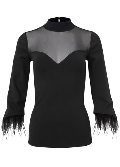 Feather Cuff Mock Neck Top - Black | Venus Limited Edition